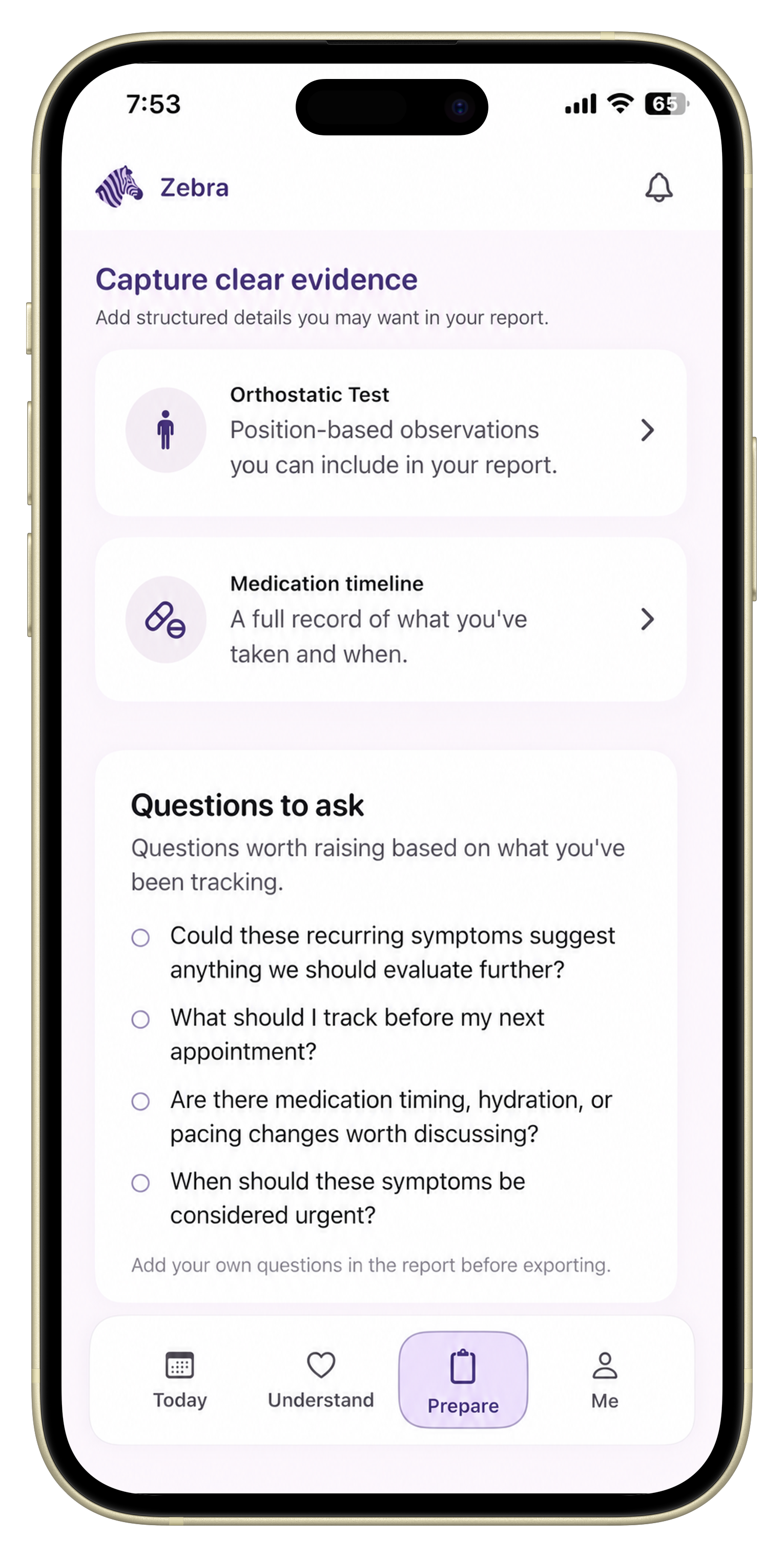 Zebra appointment preparation screen showing medication and symptom context.